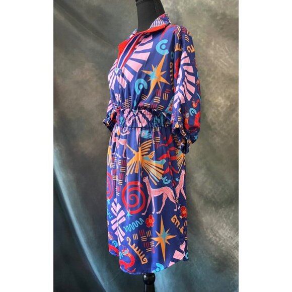 New Emily McCarthy Palmer Dress M Blue Red Print Boho Collared Short Sleeve - Picture 3 of 9